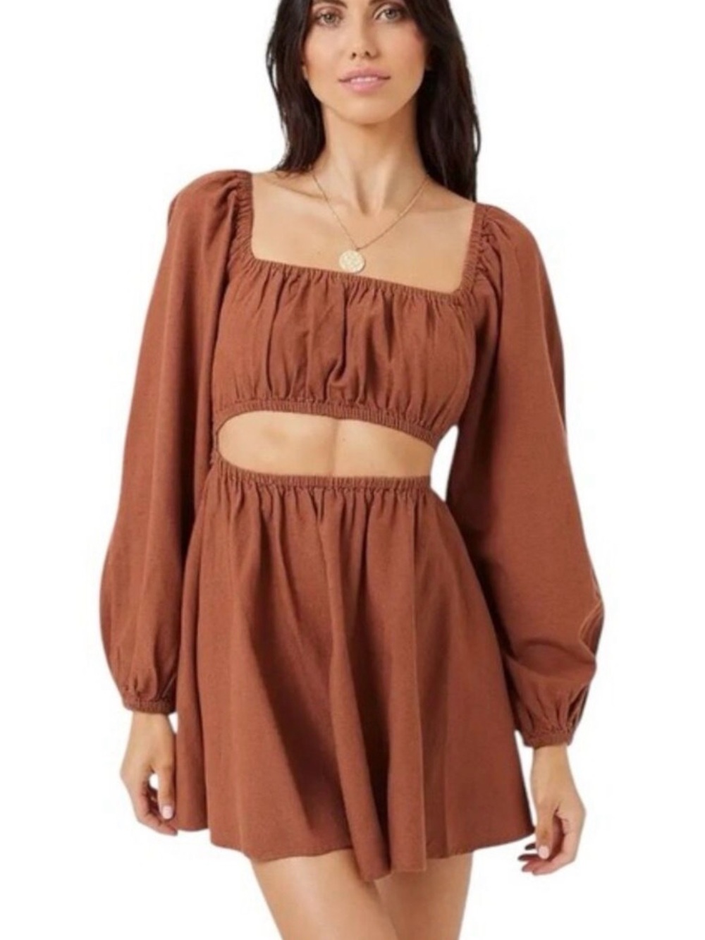 l*space Rust Brown Elastic Square Neck Mini Dress